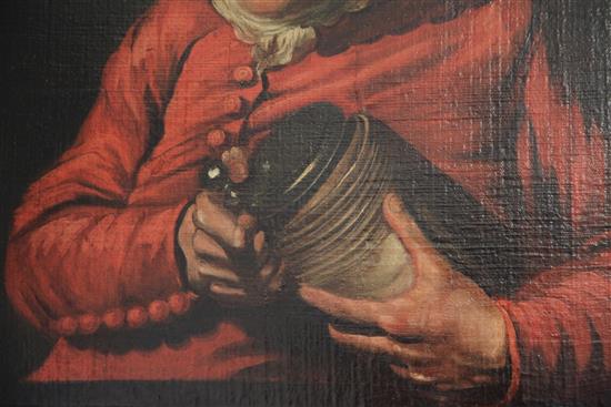 Attributed to Heroman van der Mijn (1684-1741) Portrait of a gentleman wearing a tri-corn hat, holding a stein, 20.5 x 25in.